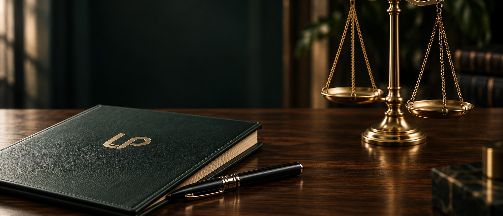 Escritorio jurídico con carpeta de LP Consulting, pluma y balanza